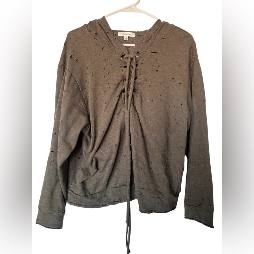 Olive Distressed Lace-Up Hoodie